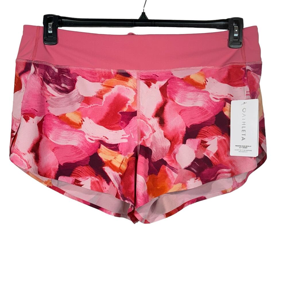 Athleta X-Large Printed Run With It Shorts Activewear UPF Lined Zip-Pocket Pink
